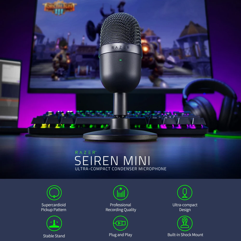 

2024 миниатюрный конденсаторный микрофон Razer Seiren с USB, ультракомпактный потоковый микрофон с суперкардиоидным микрофоном