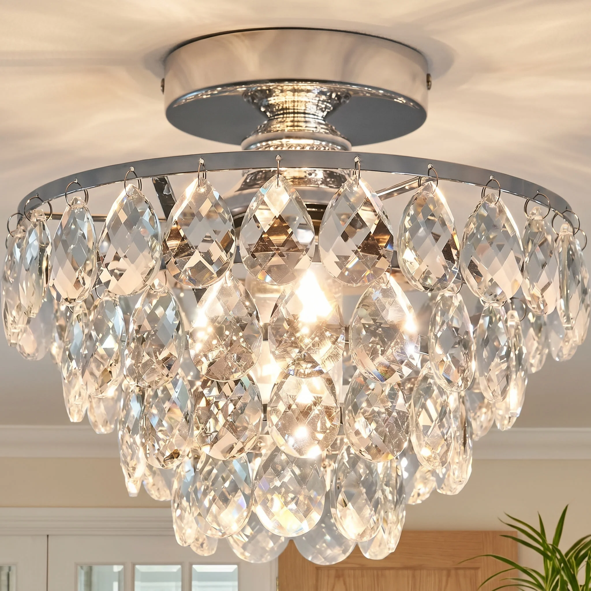 Modern Silver Crystal Ceiling Light ,Round Flush Mount K9 Crystal Chandelier for Entryway Hallway Living Room Bedroom Home Decor