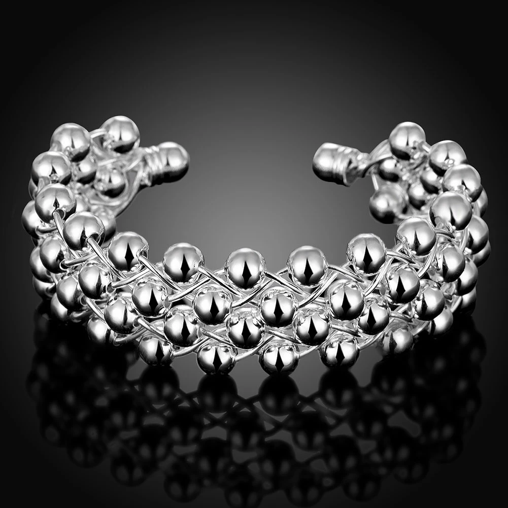 

925 Sterling Silver Smooth Beads Cuff Bangle Bracelets For Woman Wedding Jewelry Wholesale
