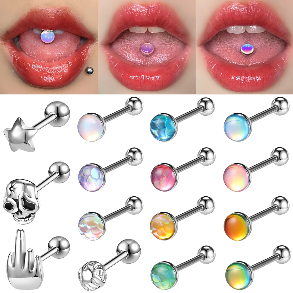 ZS 1Piece 14G Oil Luminescence Tongue Piercing Rings Stainless Steel Tongue Stud Skull Star Studs Earrings BCR Piercings Jewelry