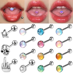 ZS 1Piece 14G Oil Luminescence Tongue Piercing Rings Stainless Steel Tongue Stud Skull Star Studs Earrings BCR Piercings Jewelry