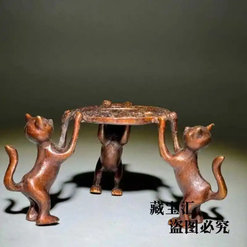 Vintage Collection Three Lucky Cats Candlestick Solid Old Bronze Teapot Lid Rest Purple Copper Old Patina Sculpture Decor
