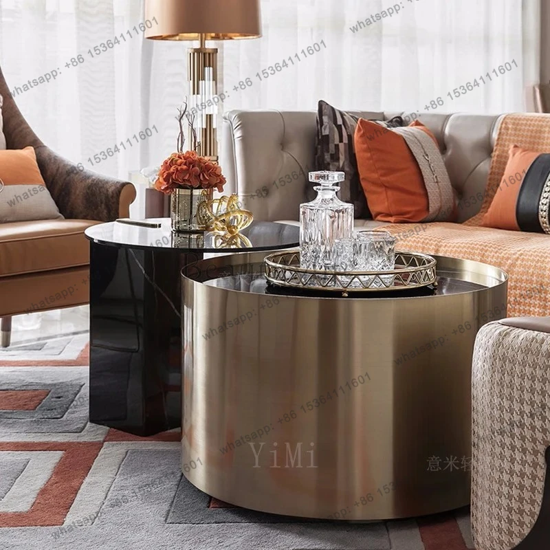 Living room household Hong Kong-style light luxury round coffee table combination post-modern simple living room model room