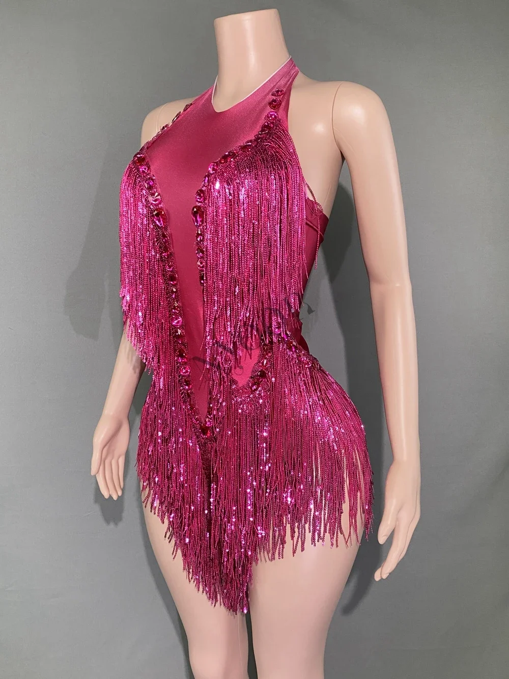 

Sparkly Hot Pink Crystals Sequins Fringes Bodysuit for Women Sexy Backless Dance Costume Dancer Performance Show Stage Wear