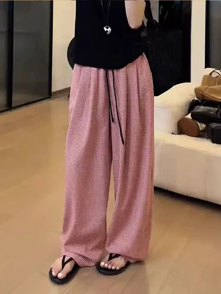 

Trendy Plaid Wide Leg Casual Pants Women's High Waist Straight Cut Commute Loose Slimming Trousers Summer New Style plus Size
