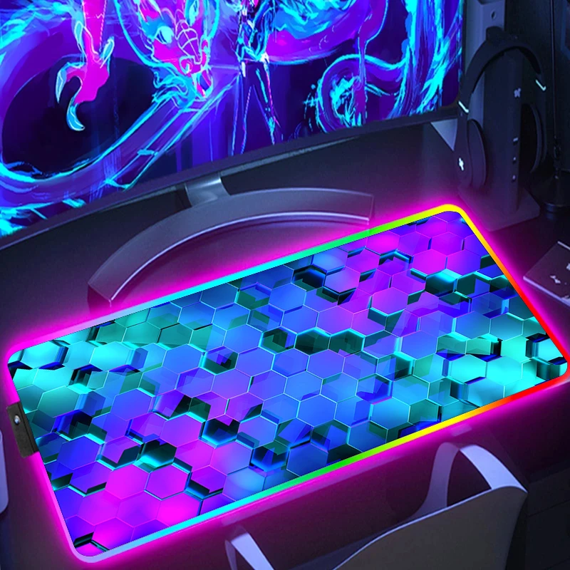 RGB Extended Hexagon Gaming Mouse Pad Led Luminous Rug Desk Mat Computer Accessories Rubber Offices Geometric Mousepad Game Mats