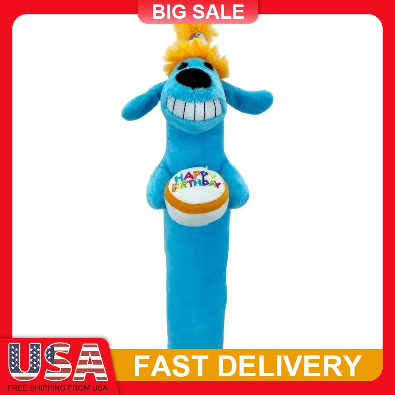 

12 Inch Blue Birthday Party Dog Toy Plush Squeaky Loofa Cake Hat Puppy Small Medium Play Cuddle Fun Celebration