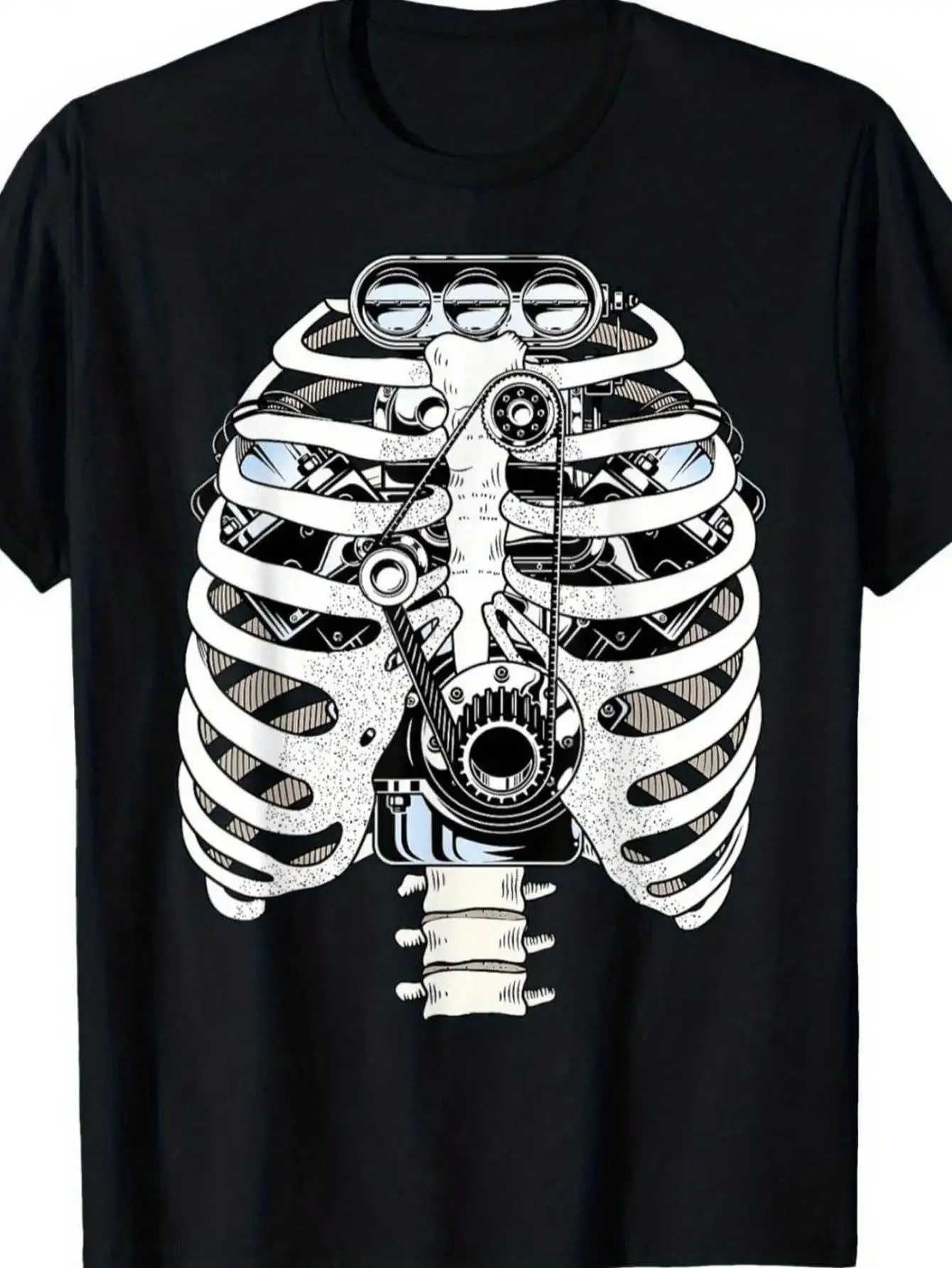 Mechanical Gear Skeleton Graphic T-shirt Men Cotton Gothic Punk Engine Bone Print Loose Oversized Street Casual Daily Tops