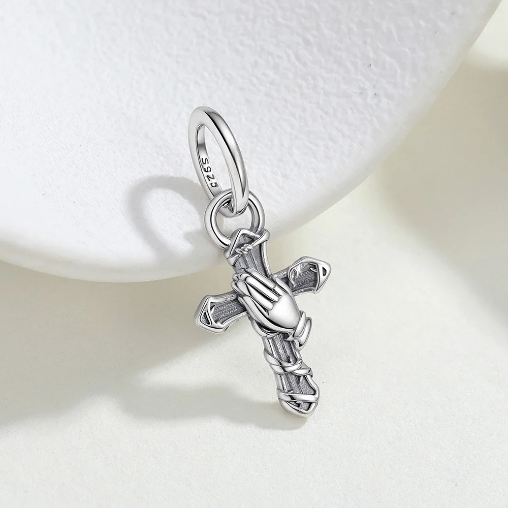 925 Sterling Silver Charm Praying Hand Thorn Cross Pendant Fit Bracelet Diy For Women Elegant Fashion Jewelry Holiday Wish Gifts
