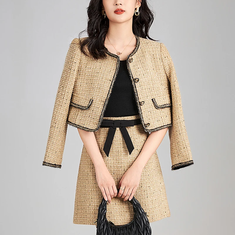 

Winter Elegant Luxury Tweed Skirts Sets For Women 2 Pieces Jacket Coat And Mini Skirt Office Lady Two Piece Set Woman Outfits