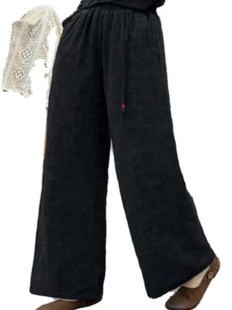 티엔드 코튼 팬츠 여성용 하이웨이스트 와이드 레그 팬츠 겨울 아우터웨어 스트레이트 레그 롱 팬츠 플로럴 자수 디자인