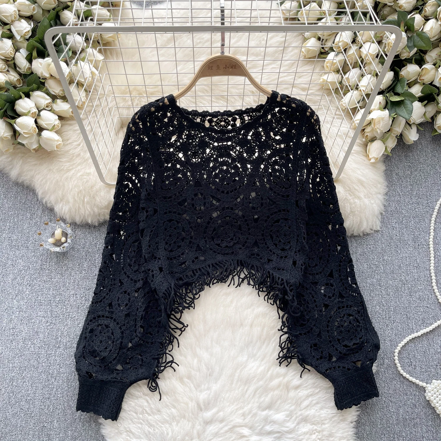 Chic Floral Crochet Vintage Hollow Tassel Capes Blouse Long Sleeve Korean Fashion Tops Sexy Elegant Autumn Women Pullover Y2k