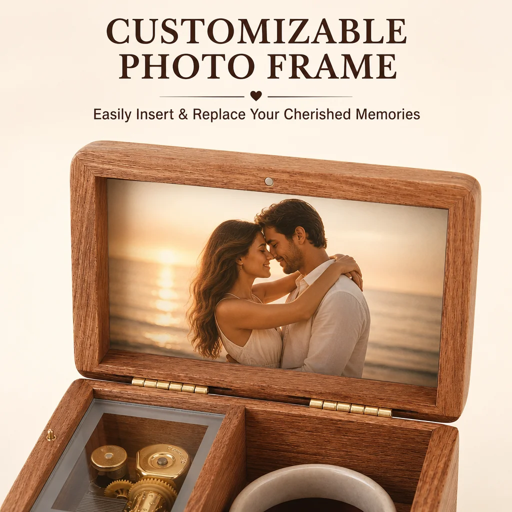 Photo Frame Music Box Wooden Musical Jewelry Box with Customizable photos and carvings , Gift for Her Girlfriend Wife Mom Women