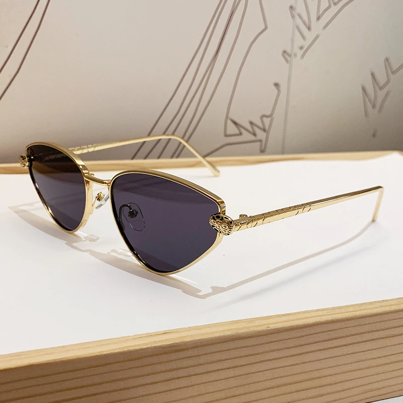Rahmenlose Sonnenbrille mit Schnittkante für Damen mit Leopardenkopf und Katzenaugen, Metallrahmen-Design, Modische Sonnenbrille – Detail 8