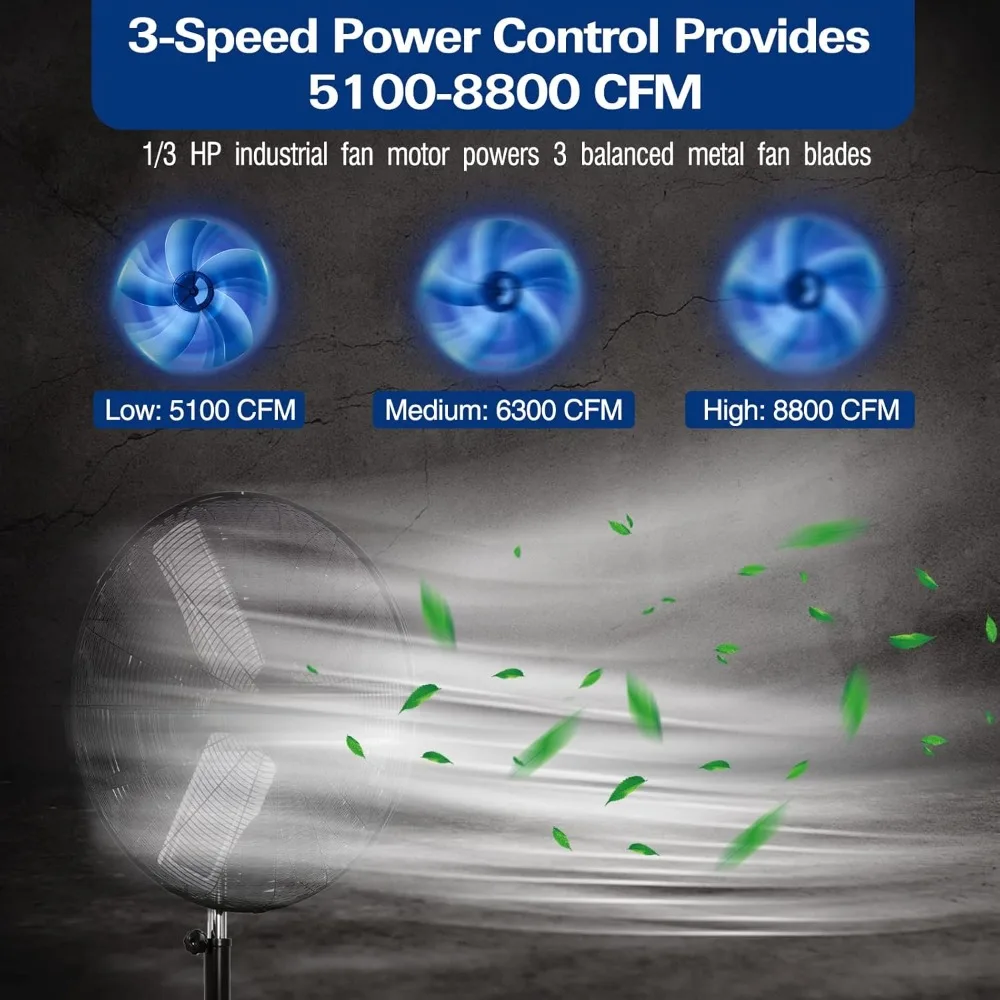 알루미늄 블레이드 및 높이 조절 가능 진동 스탠드 팬, 금속 상점 선풍기, 30 인치 선풍기, 3 단 헤비 듀티