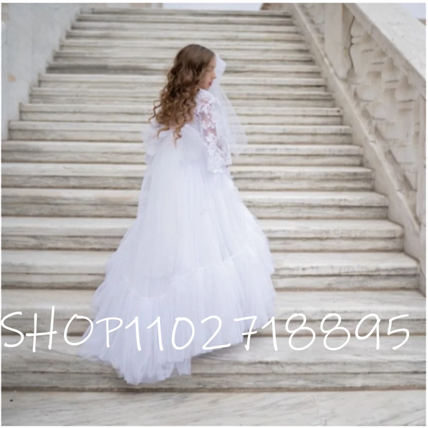 

Flower Girl Dress Stitch Beads Applique Lace Fluffy Bow Performance Birthday Costume Bridesmaid Party Princess Kids Dresses