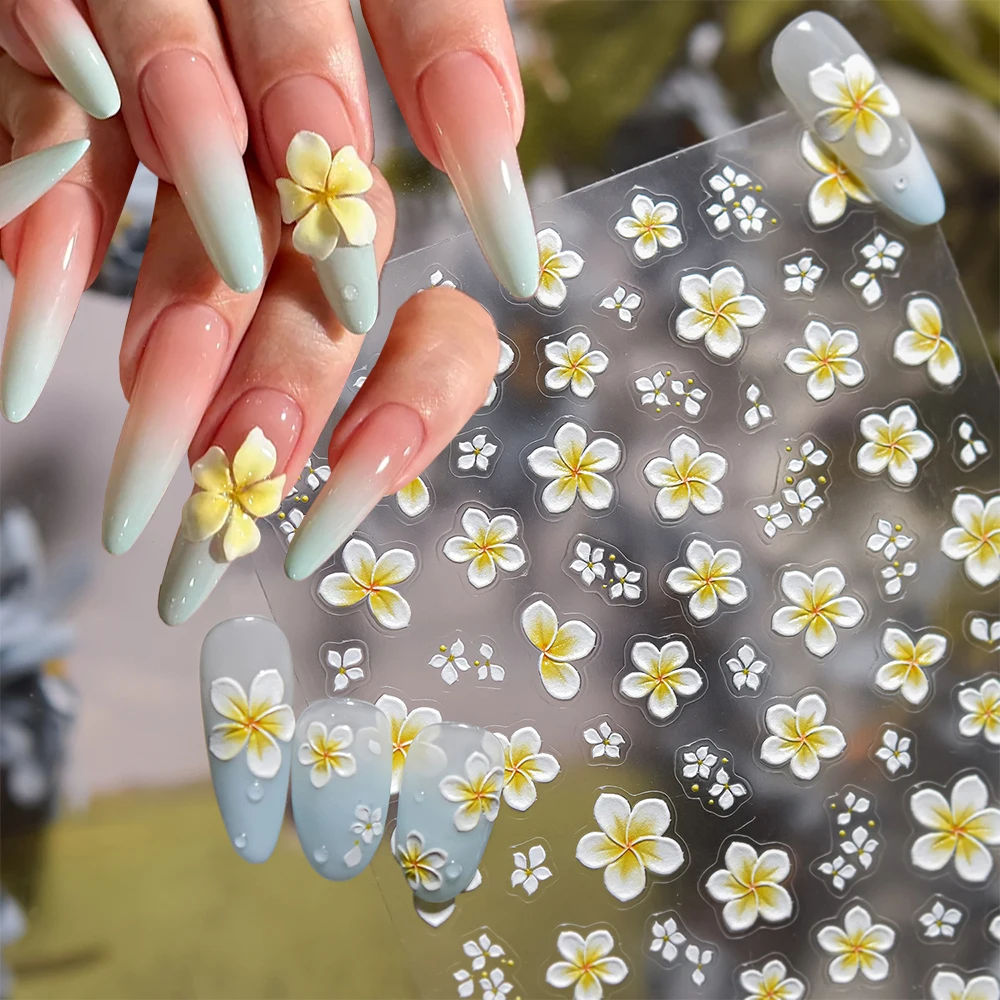 

5D Bright Gradient Mint Plumeria Nail Sticker Charming Hawaiian Flower Frangipani Blossom Nail Decals Adhesive Nail Art Slider*&