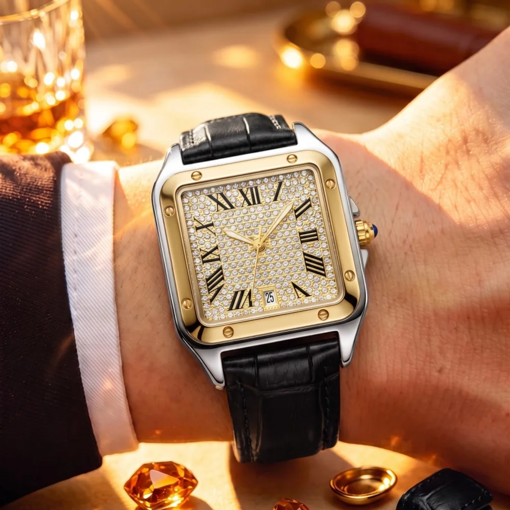 Light Luxury Square Men's Quartz Watch with Starry Sky Dial, Roman Numeral Markers, Calendar Window, Waterproof, Luminous Men's Watch, Fashionable Business Casual Party Commute Men's Trendy Watch