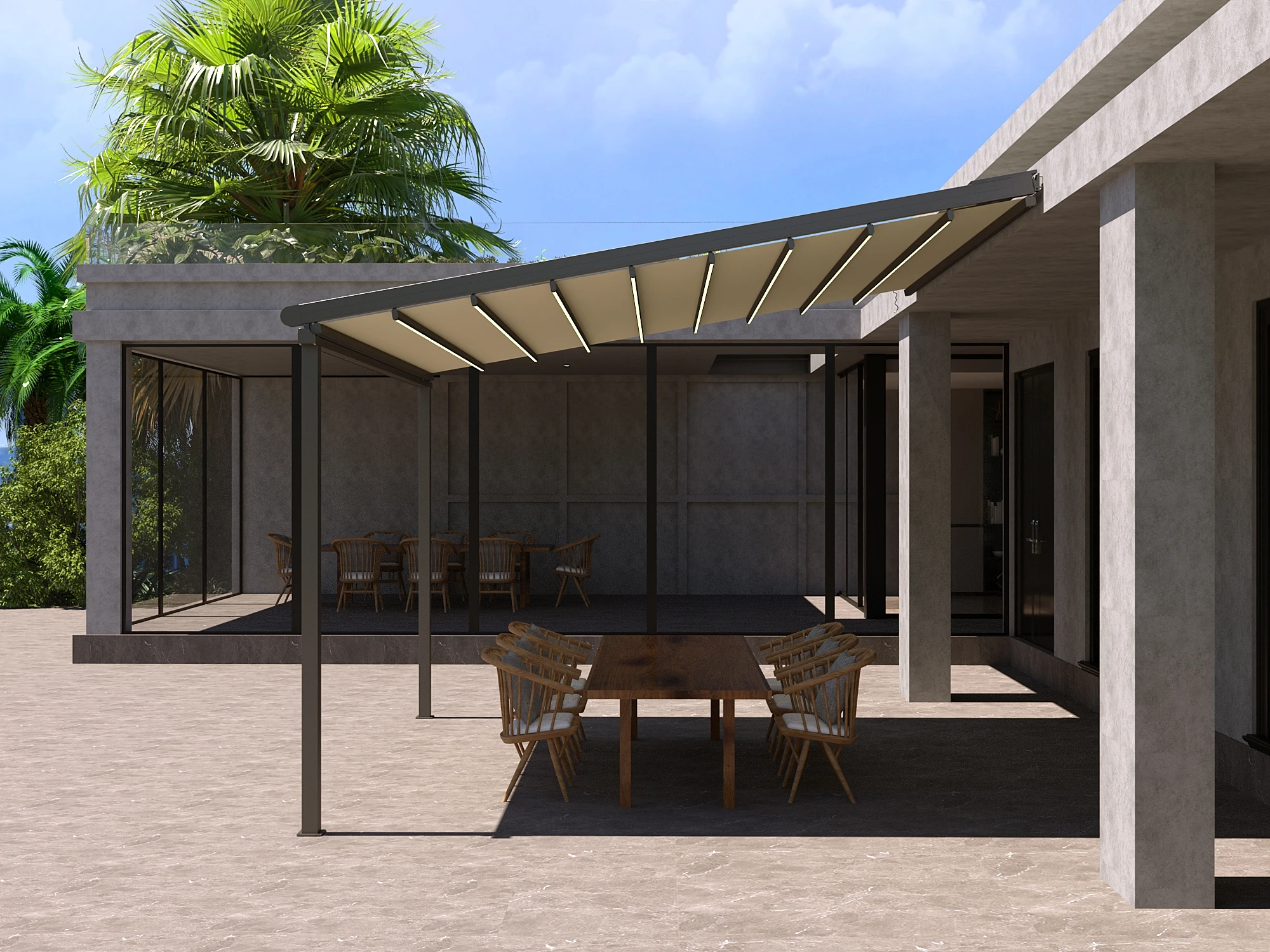 

Stretchable Electric Awning Roof With Lights, Electrically Foldable Sunshade, Waterproofing