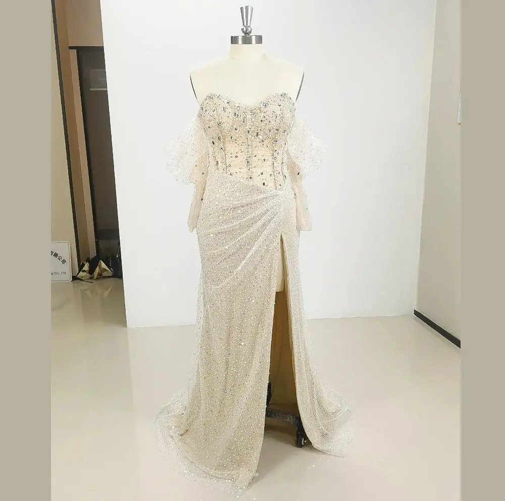 Elegant Light Off The Shoulder Beading Evening Dress With Slit New Fashion Female Floor Length Party Prom Ball Gowns