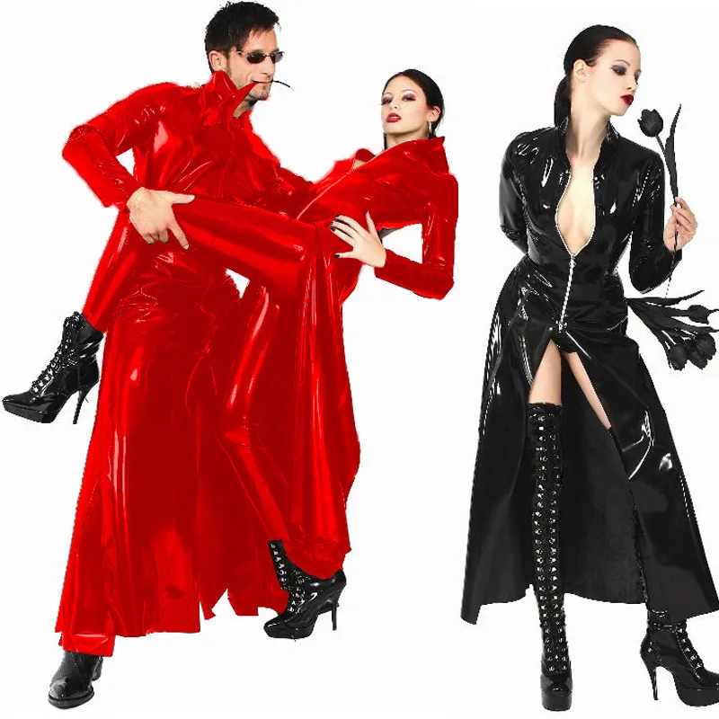 Red Black Latex Catsuit PVC Leather Catsuit The Matrix Costume Gay Latex Costume Stretchable Spandex Patent Leather Long Coat