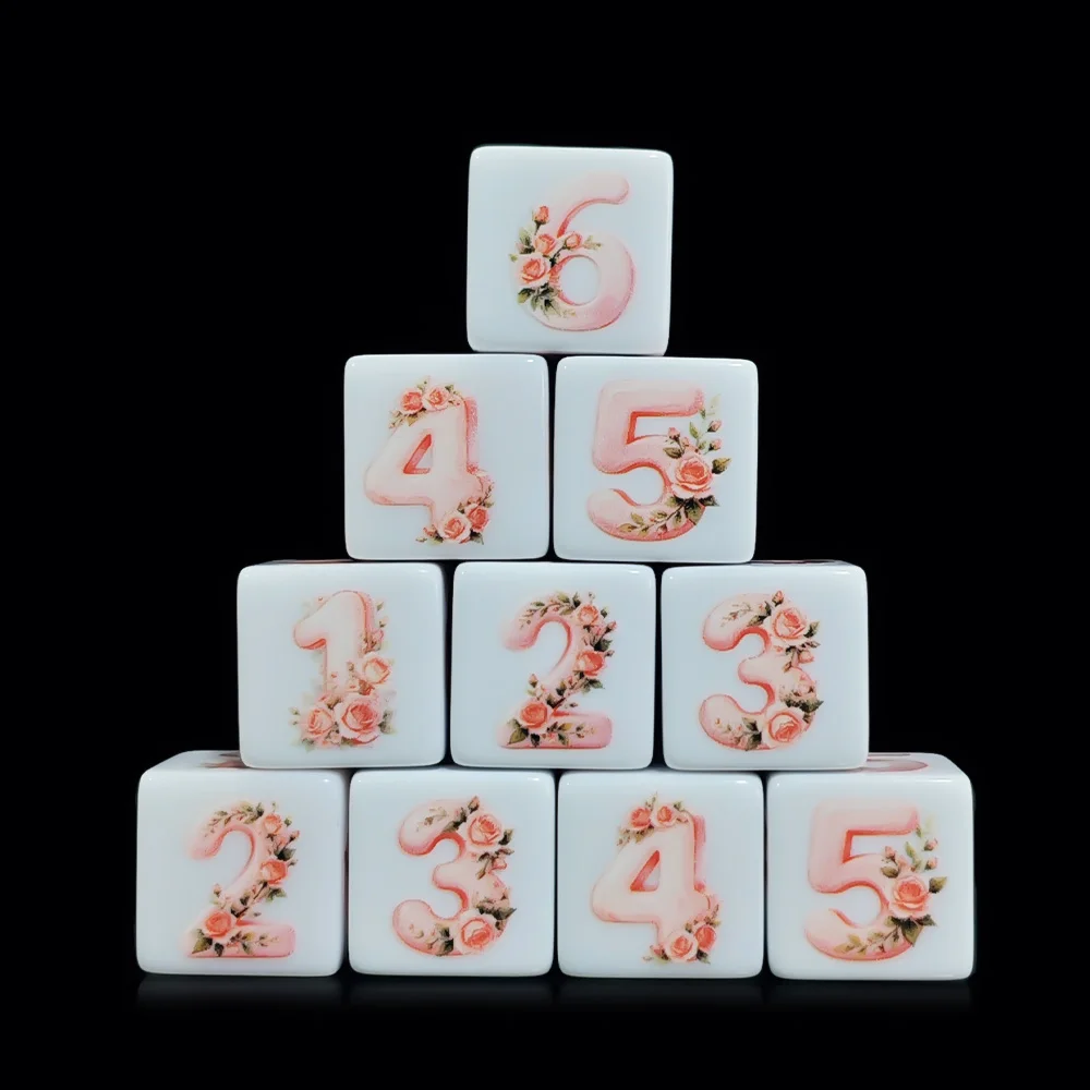 12Pcs 16MM D6 Printed Dice White 6Sided Watercolor Pink Rose Floral Print DND Tabletop Game Wedding Bridal Party Decor Gift Dice view 3