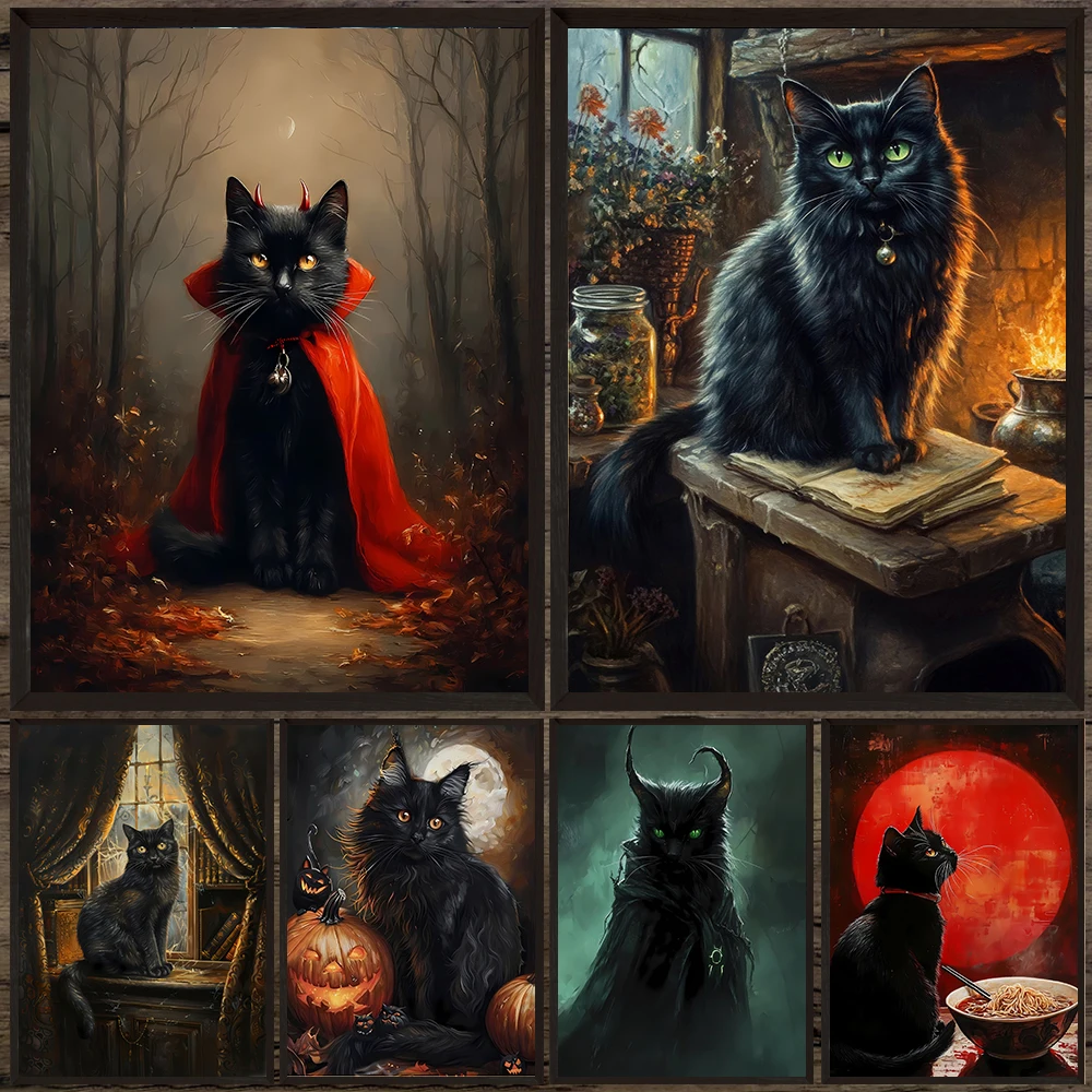 

Black Cat Devil And Antique Cat Portrait Vintage Wall Art Canvas Painting,Dark Academia Wicca Art Poster Print Home Decoration