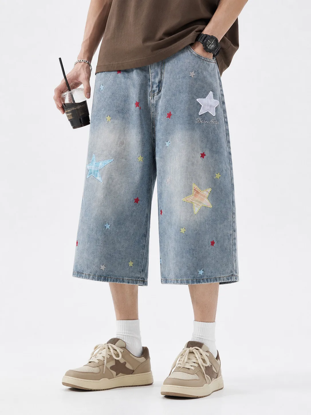 Men's Jeans Man Pants Cropped Pants Summer Loose Straight Denim Patch Embroidered Star Print Casual Bottom