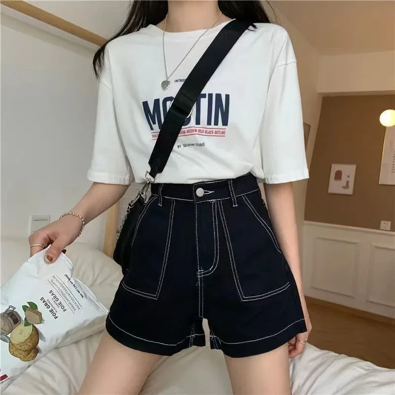 New Women Black Stitches High Waist Denim Shorts Summer Fashion Solid Colors Jeans Shorts All-Match Preppy Style Chi Girls Wears