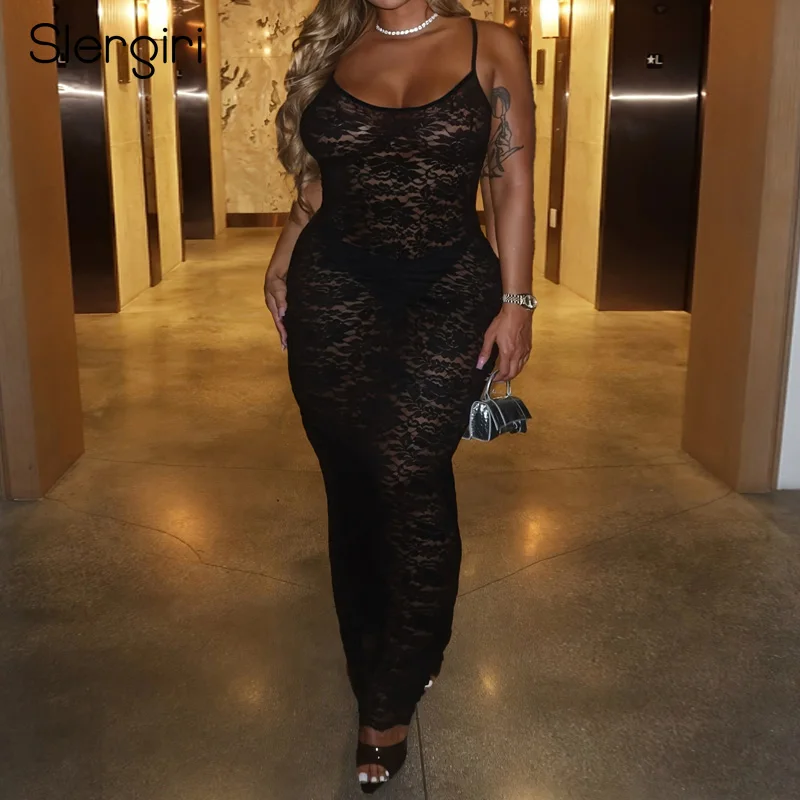 Slergiri Women's Plus Size Black Sexy Solid Color Lace Cami Dress 2025 Summer Club Party Elegant Bodycon Long Dresses Woman
