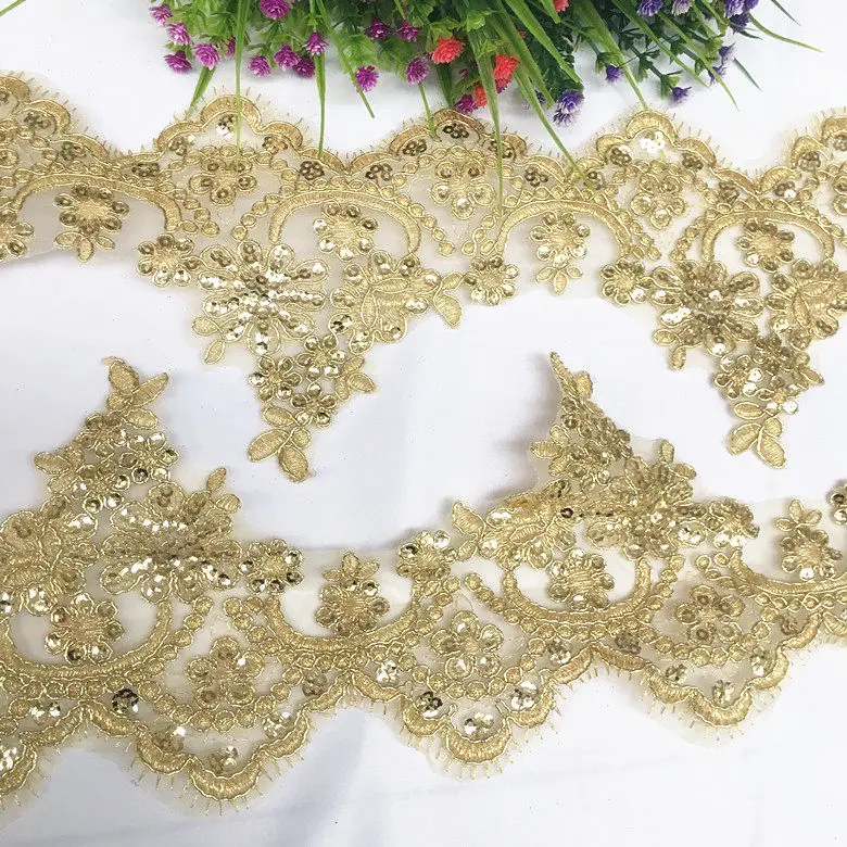 3-yard Luxury Exquisite Gold Sequin Piped Lace Trim for Wedding Dresses Curtains Home Decoration 13CM Wide Gold Lace Trim