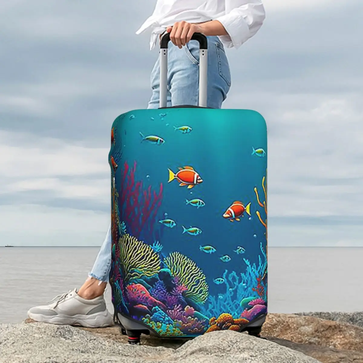 

Tropical Fishes Corals And Corals And Tropical Fish Suitcase Cover Protection Elastic Trip Luggage Protector Covers 18-32 Inch