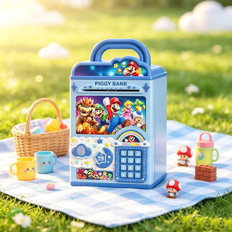 Kawaii Mario Piggy Bank Fingerprint Password Auto Scroll Cash Colorful Light Music Bilingual Educational Money Box Kids Toy Gift view 2