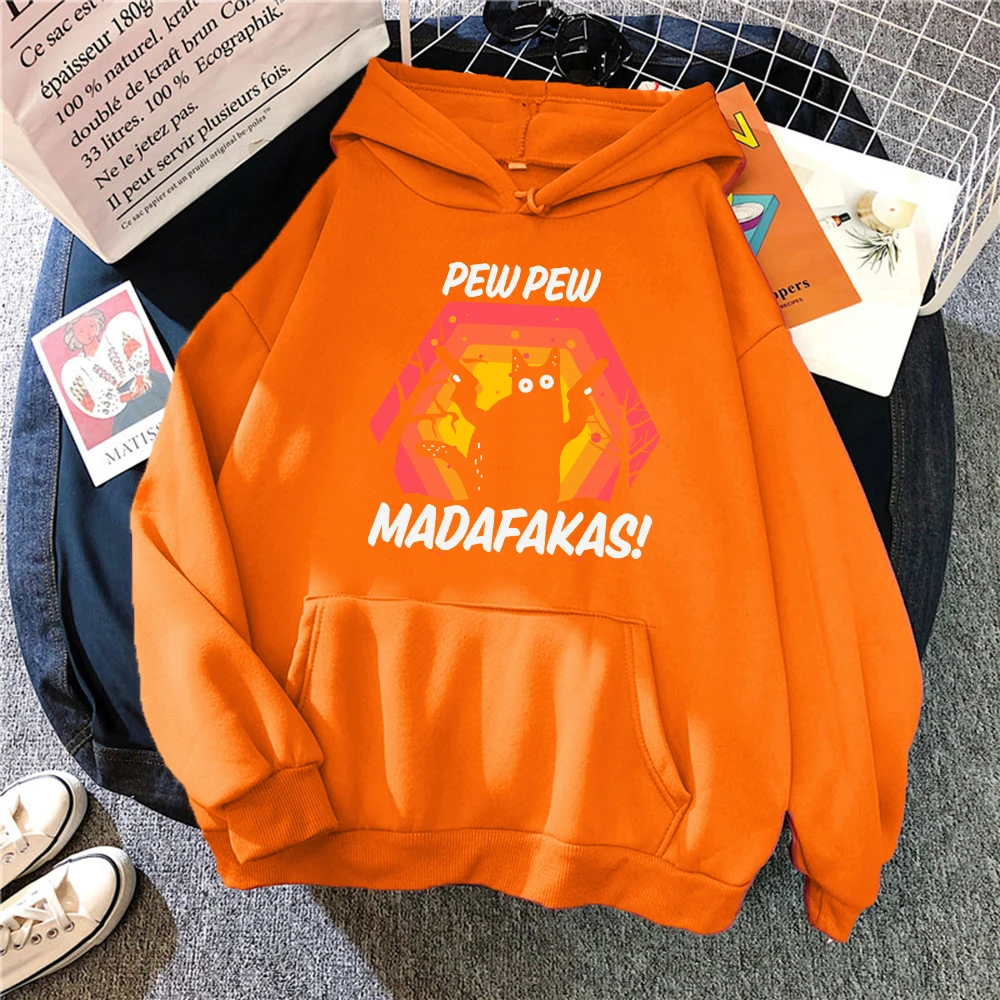 Pew Pew Cat Holding A Handgun Pattern Women Hoody Fashion Pocket Hoodies Autumn All-Match Clothes Fleece Unisex Y2K Hoodie
