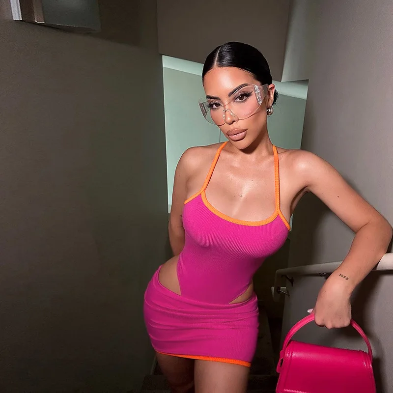 

2025 Spring/Summer New Women's Sexy Contrasting Color Open Back Sleeveless Top Hip Hugging Short Skirt Set
