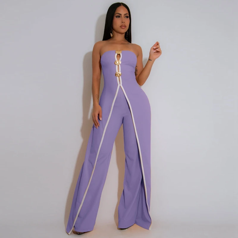 STYLISH LADY Contrast Color Patchwork Elegant Jumpsuits 2025 Summer Women Sleeveless Strapless OL Party Wide Leg Overalls