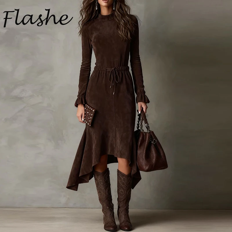 Mode Herbst Winter Doppelseitige Kaschmir Kleid Frauen Casual Langarm Schlank Midi Kleider Für Frauen Unregelmäßige Party Kleid