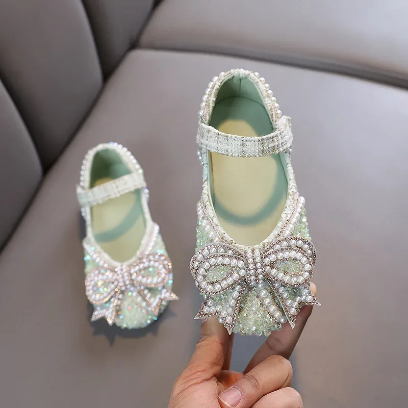 2023 Autumn Girl Leather Shoes Mary Jane Shallow Pearl Bow Children Princess Dance Single Shoes Fashion Party Wedding Kids Shoes