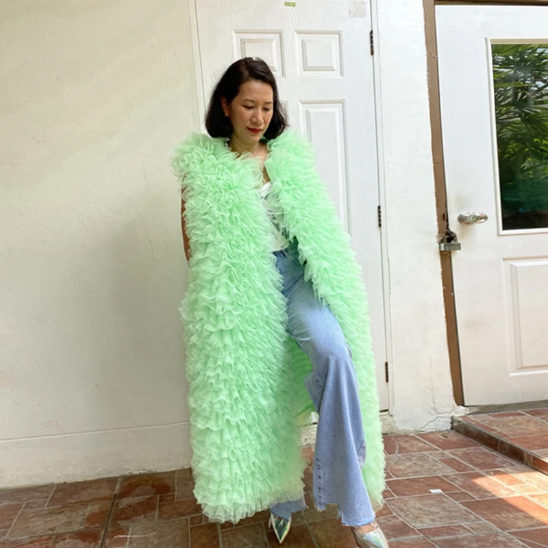 

Fashion Light Green Mesh Women Coat Custom Made Long Tulle Female Overcoat Newest Sleeveless Ruffles Tiered Summer Outfits