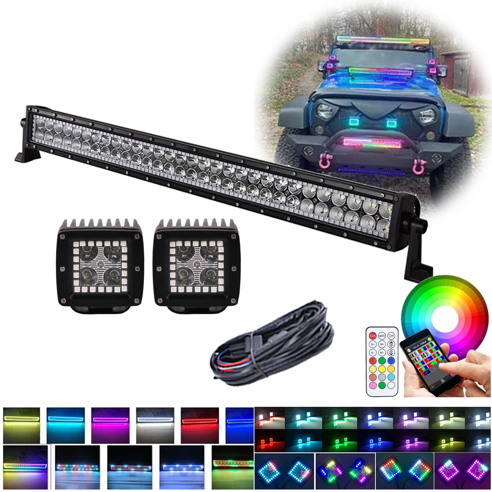 

13.5/20/22/32/42/50 Inch Led Light Bar + 2pcs 3inch Spot Pods with Chasing RGB Halo Kit 16 Million Color Changing for Truck ATV