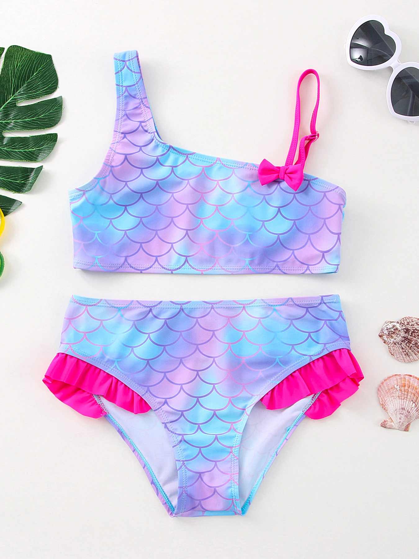 Fish Scale Printed Girls Bikini Swimsuit Set Top + Bottom