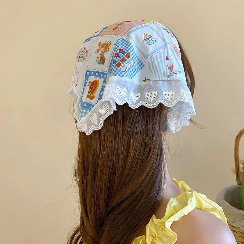 

Милый и милый платок в клетку во французском стиле ретро, новая треугольная повязка на голову для выдувной печи, кружевная повязка на голову в деревенском стиле, аксессуары для волос