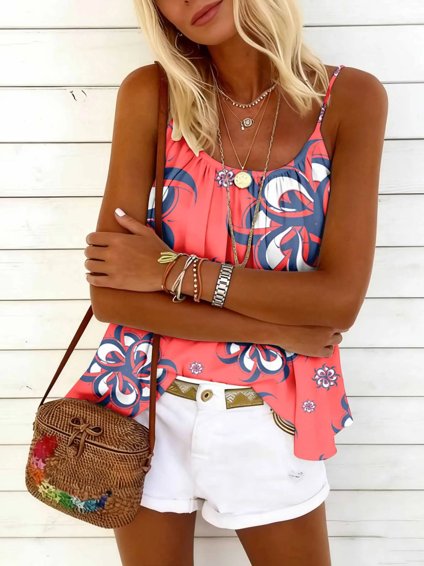 Sommerliches, lockeres Camisole-Top mit Rundhalsausschnitt, bequem, hautfreundlich, lässig, vielseitig, temperamentvolles Oberteil für Damen – Detail 9