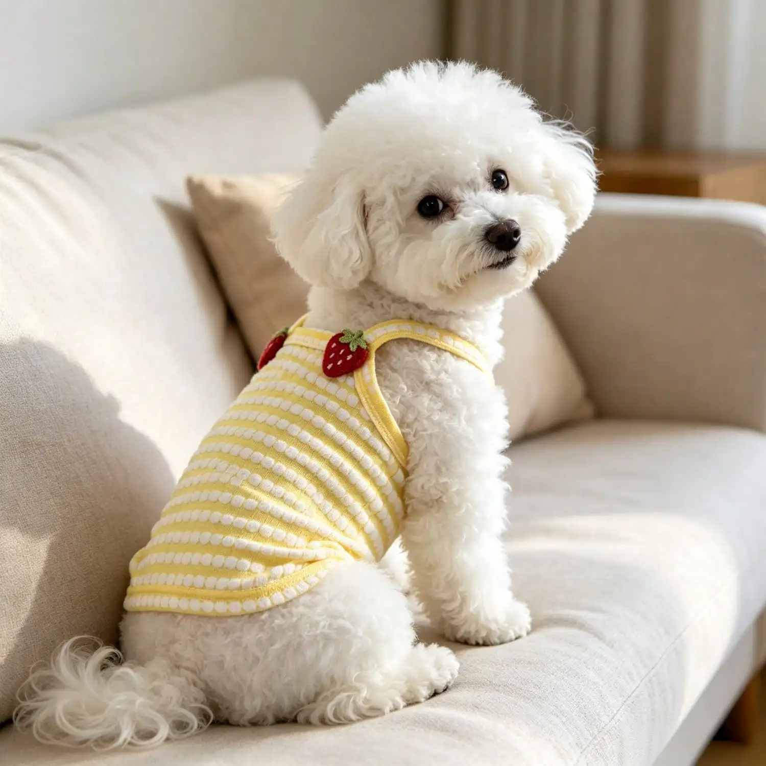 1 Stück gestreiftes Strick-Hundetanktop mit 3D-Frucht-Blumen-Ornament, atmungsaktive Welpenweste für kleine Hunde – Detail 23
