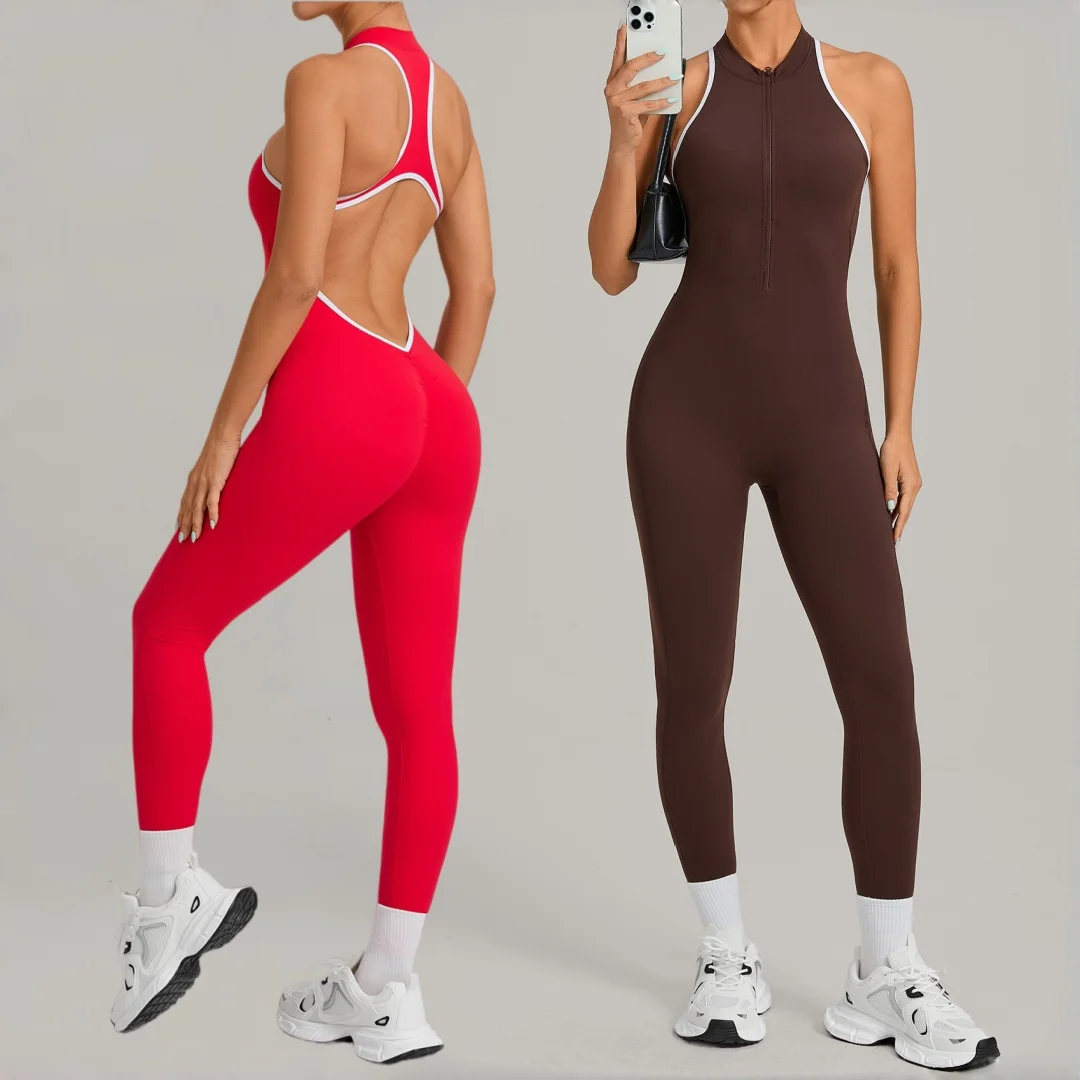 

Новый женский комбинезон для йоги и фитнеса с эффектом подтяжки бедер, на молнии, без спинки, цельный комбинезон для йоги, леггинсы для бега и тренировок в зале, комбинезон для йоги