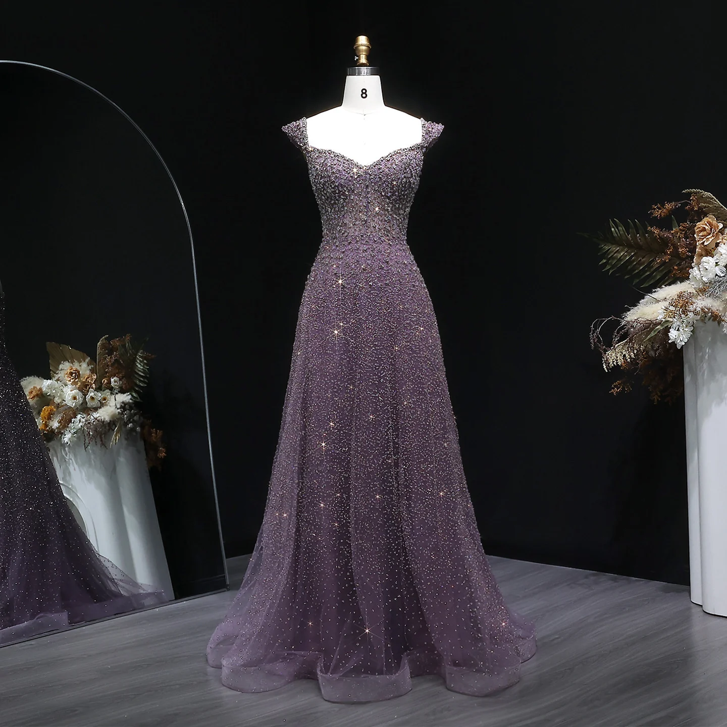 Sharon Said Luxuriöses, perlenbesetztes, langes Abendkleid in A-Linie mit Kristallen für arabische Hochzeiten, formelles Partykleid SS703, maßgeschneidert – Detail 5