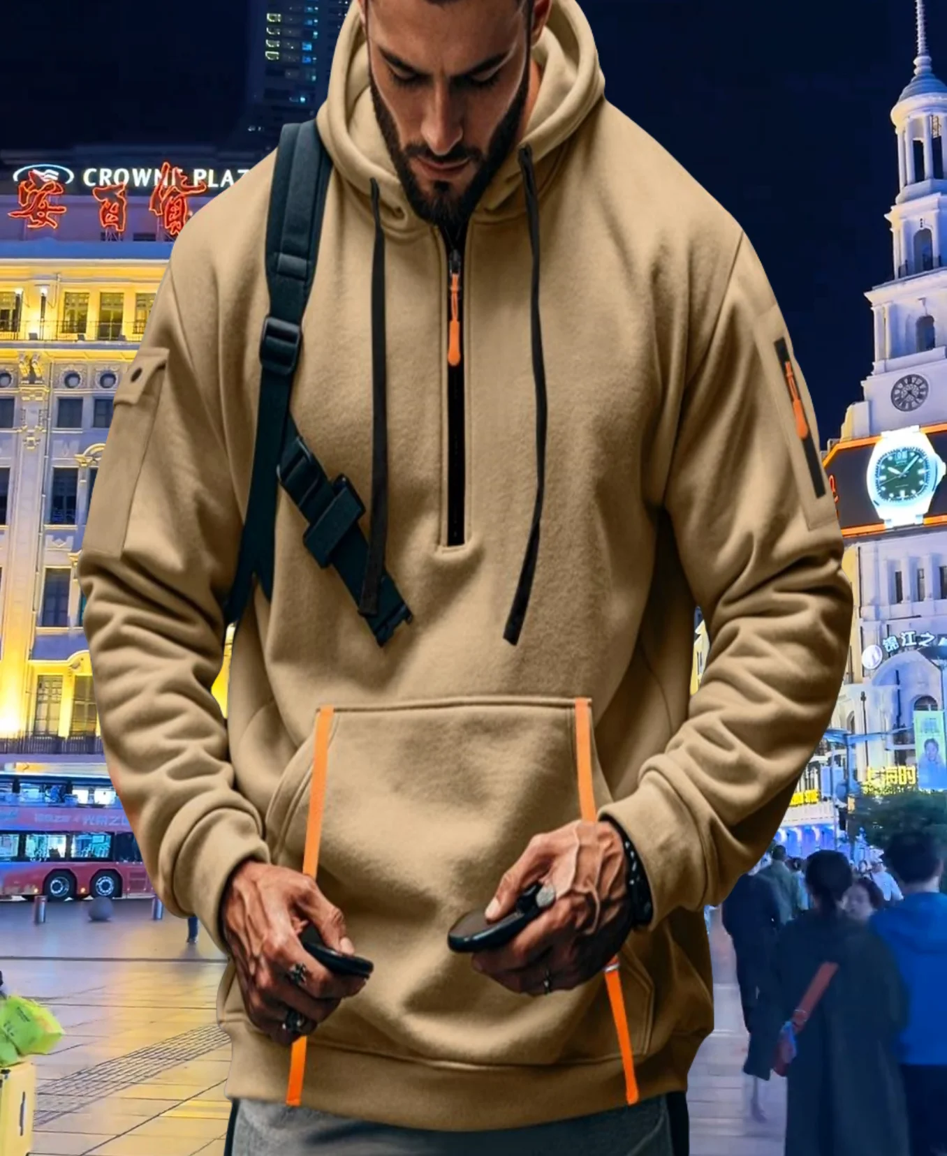 Men's autumn and winter 2024 new fleece multi-pocket zipper sports hoodie suit personality casual men hoodie two-piece set