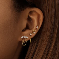 BOAKO 925 Sterling Silver Geometric Zircon Flat Head Earrings For Women Moon Rivet Shaped CZ Chain Tassel 1pc Piercing Jewelry
