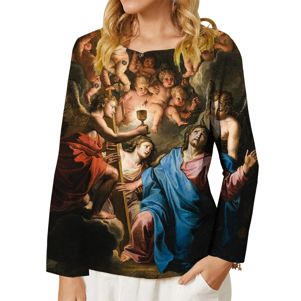 

CLOOCL Women's T-shirt Christian Faith Clothing Tops Vintage Painting Jesus Print Shirt Long Sleeve Blouse Tees Oversized