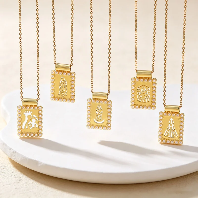 Pearl Framed Hollow Square Titanium Steel Necklace